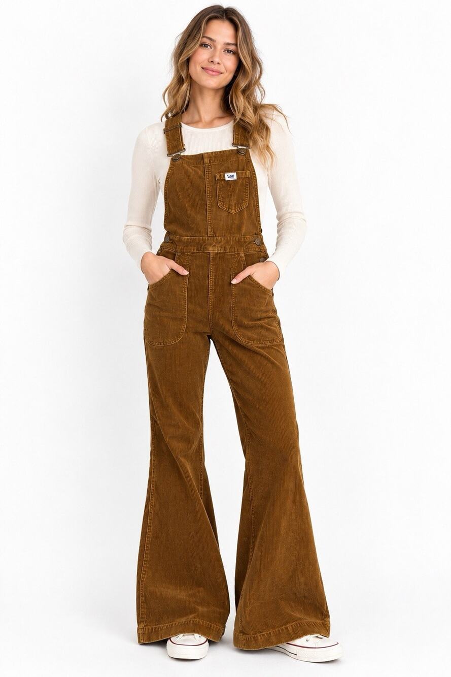 lee workwear factory flare overalls women’s M brown corduroy bib jumpsuit